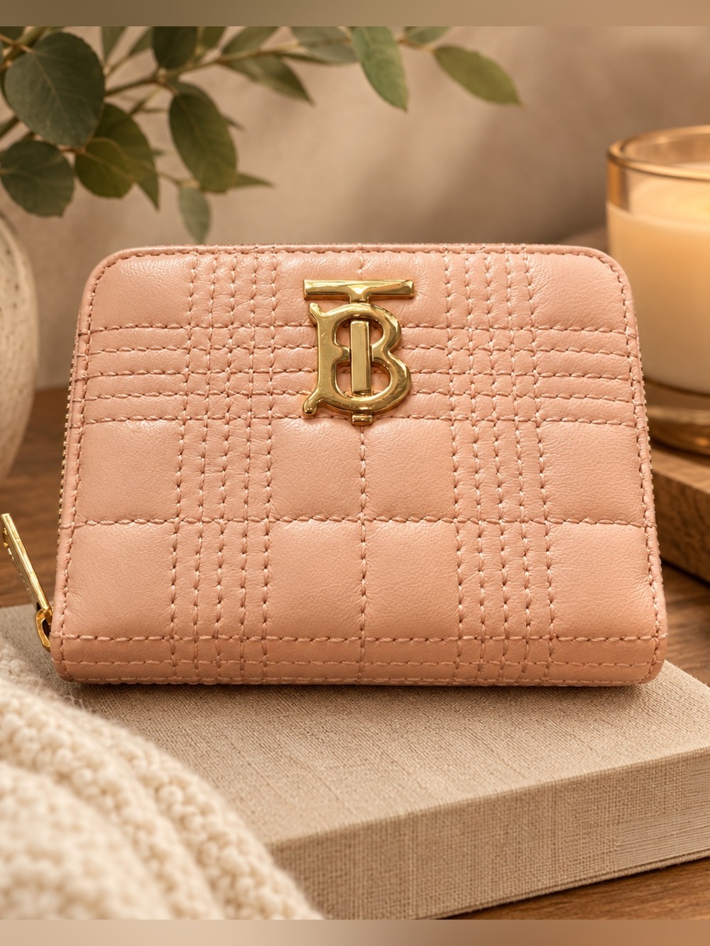 Burberry TB Blush Pink quilted Lola wallet with gold tone hardware-authentic